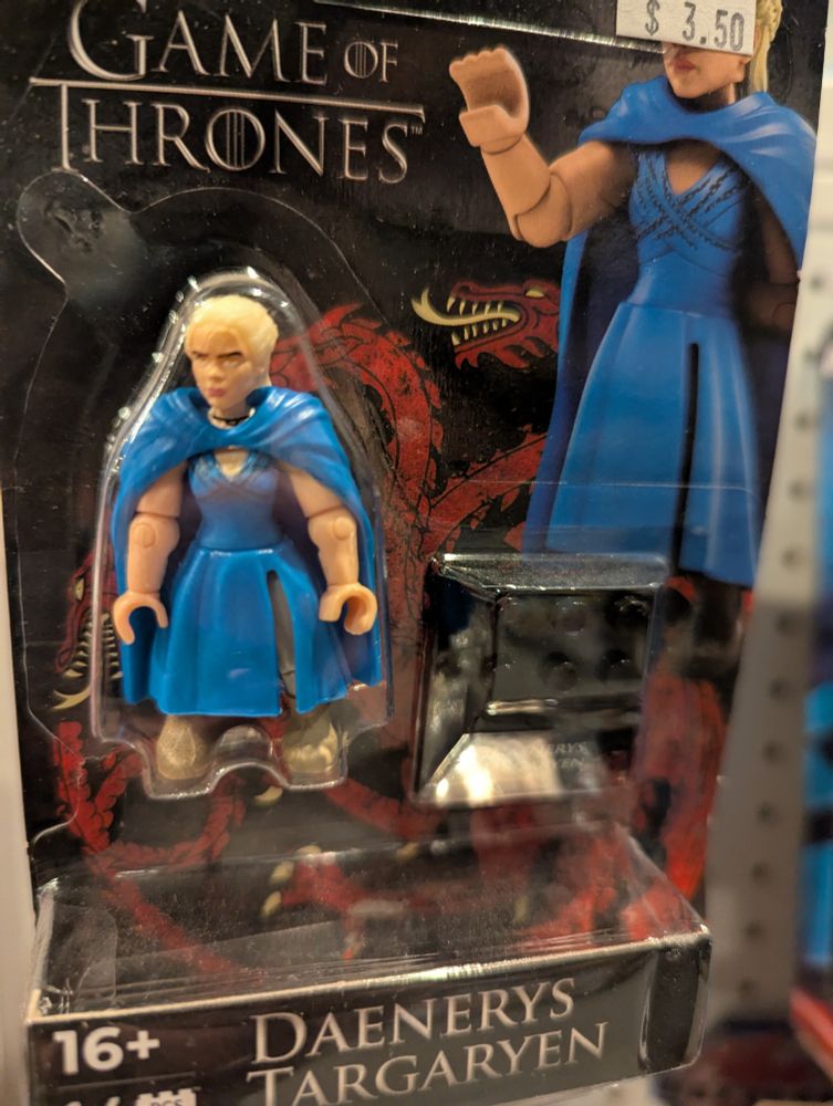 Embarrassingly terrible knockoff Lego toy of Daenerys Targaryen. She's oddly beefy.