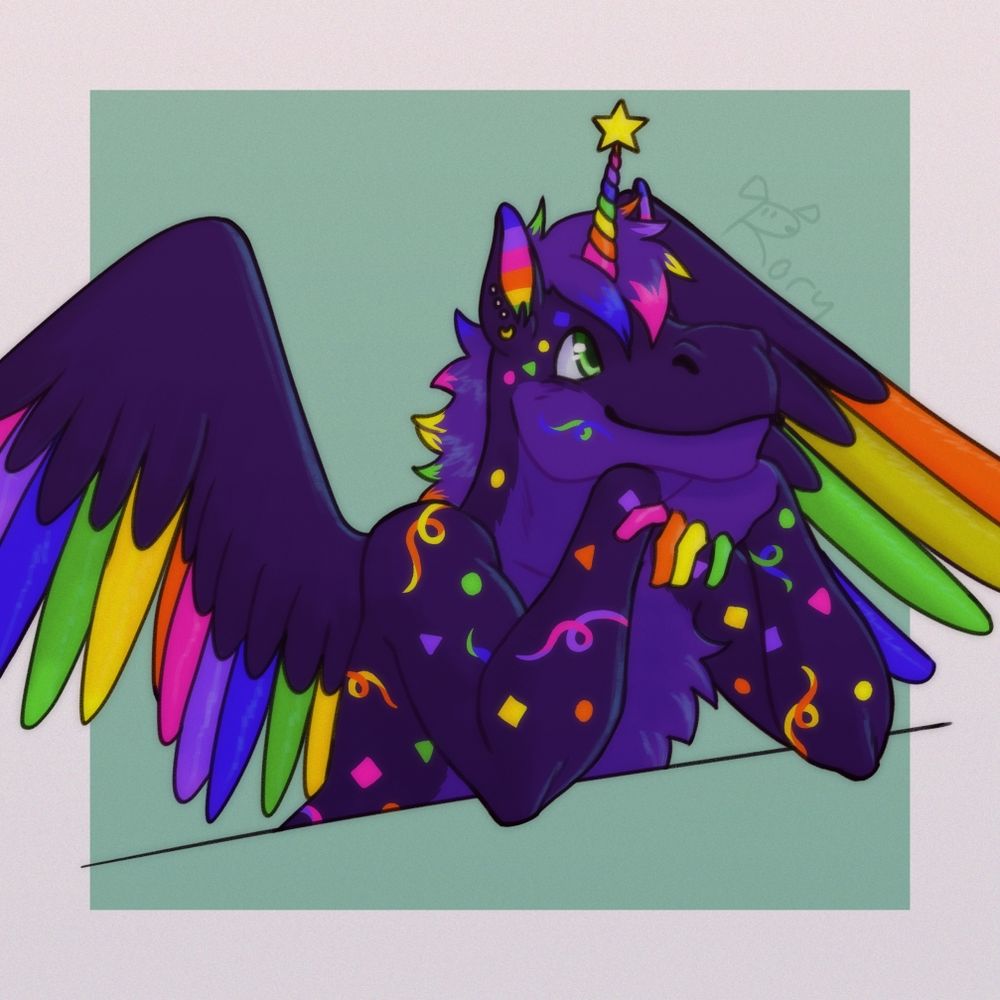 A half body drawing of a winged unicorn/pegasus, leaning their head on their hands with their wings spread. They are mostly dark purple, with a lighter purple mane, hands, and underbelly and jaw. They also have orange, pink, purple, blue, green, and yellow accents on their wings, fingers, inner ears, mane tips, and horn. They also have arcade carpet patterns in those same colours. They also have a star at the end of their horn and have pacman themed earrings on their ear. The background is a mint colour with a white border.