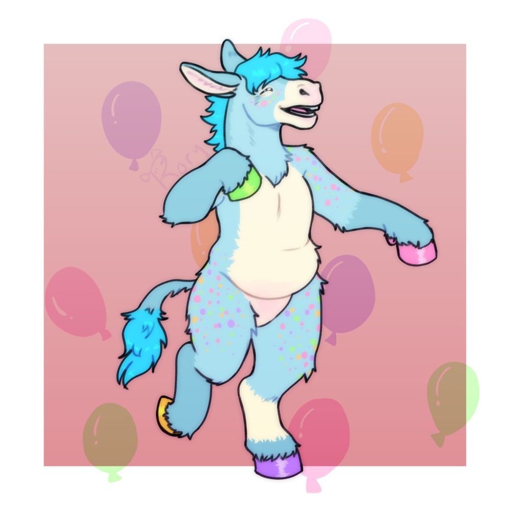A full-body drawing of a smiling anthro donkey mid-strut, facing screen right. He is different shades of blue with a cream muzzle and belly, and a white band on his screen right back leg. They have pink, orange, purple, and green spots on their cheeks, shoulders, and hips. Each of his hooves are one of his spot colours. They are standing in front of a pink background with a white border and translucent balloons of the same colour as their spots floating in it.