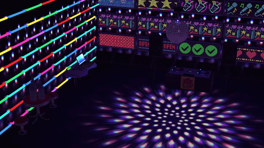 A screenshot of Animal Crossing: New Horizons. A dark room with colorful LED signs, neon tubes of random varying colors, and light on the floor from a disco ball is shown. Tables and DJ equipment can be seen, although a little dark compared to the bright attractions of the room.
