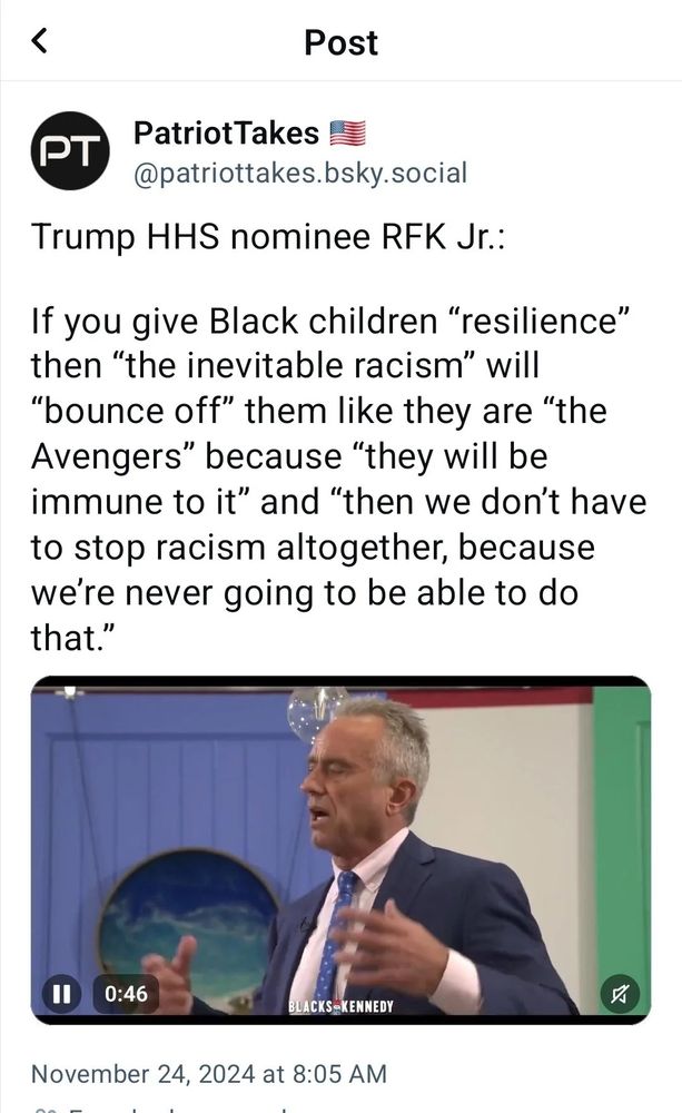 Trump HHS nominee RFK Jr.: If you give Black children "resilience" then "the inevitable racism" will "bounce off" them like they are "the Avengers" because "they will be immune to it" and "then we don't have to stop racism altogether, because we're never going to be able to do that."