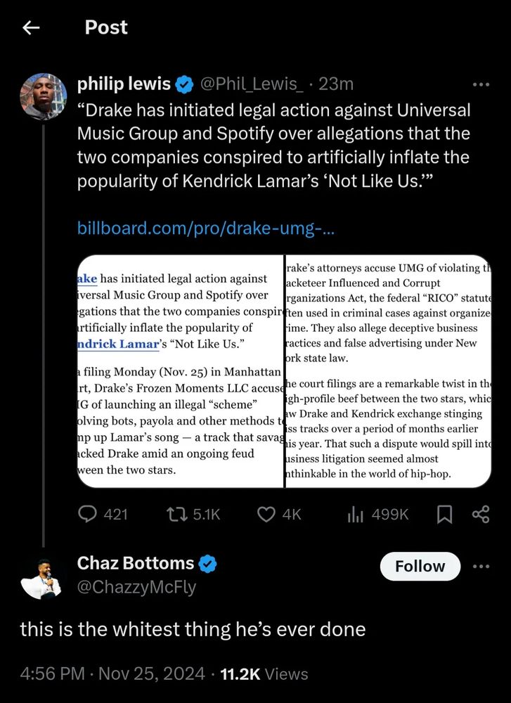 Tweet from philip lewis @Phil Lewis: "Drake has initiated legal action against Universal Music Group and Spotify over allegations that the two companies conspired to artificially inflate the popularity of Kendrick Lamar's 'Not Like Us." 