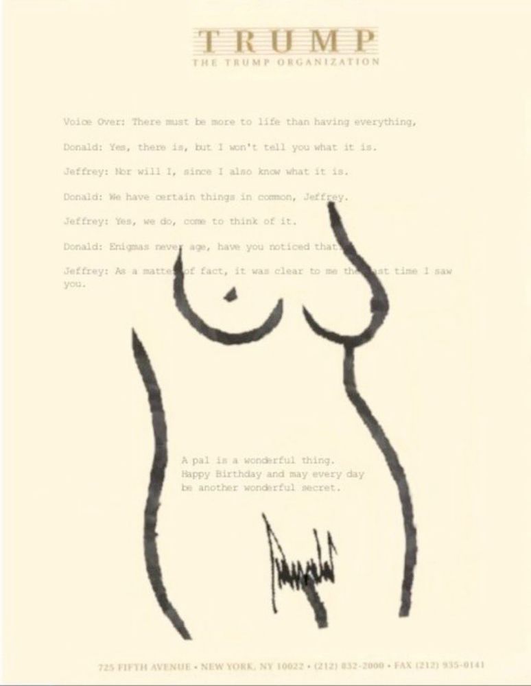 a doodle of a naked woman drawn by Donald Trump where the public hair is his signature. He has an exaggeratedly large signature that matches his ego.