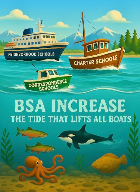 Graphic title: BSA Increase: The Tide That Floats All Boats, with three boats on the water depicting Neighborhood, Charter, and Correspondence schools.