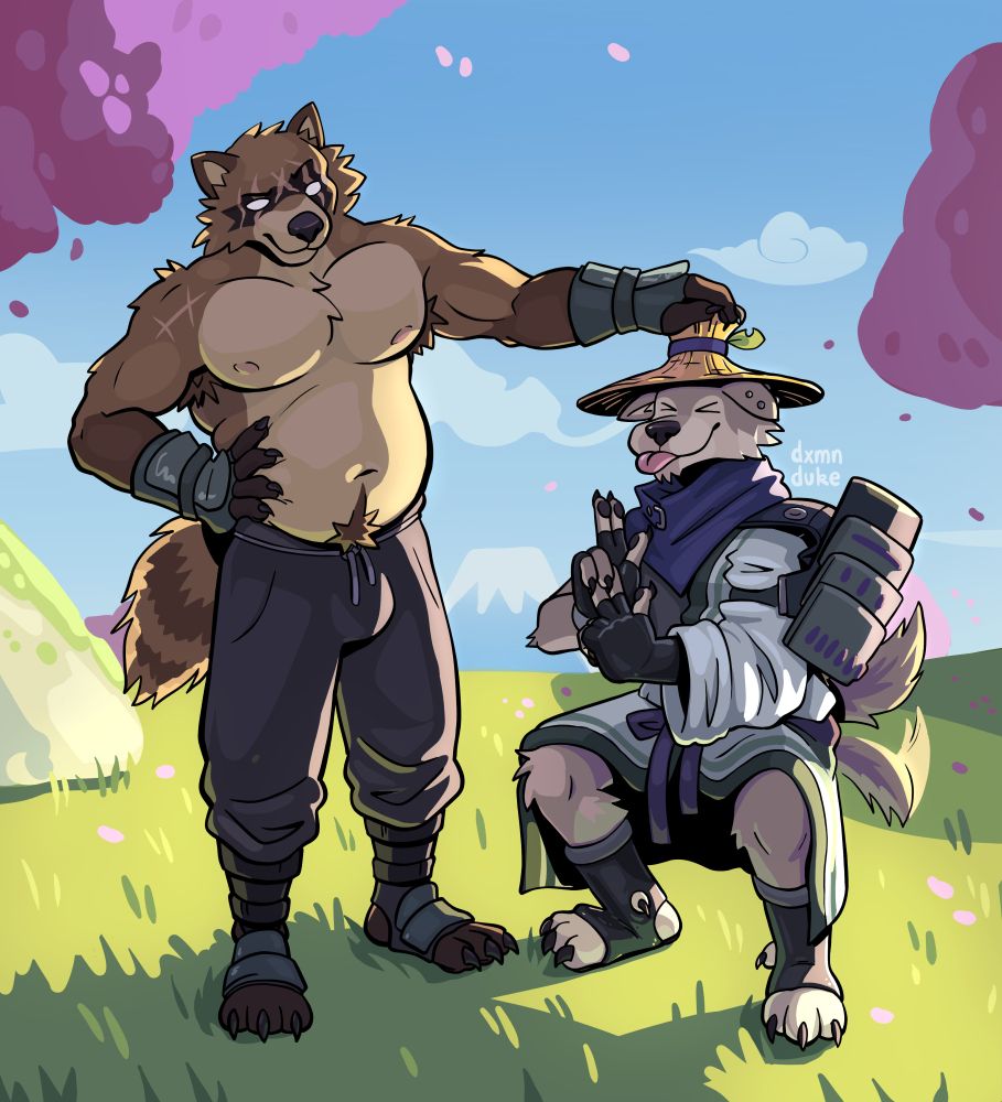 Hajime the warrior tanuki (left) and Wendell the wolf (right) are seen on a grassy field, backlit by the sun with cherry blossom leaves blowing around. Wendell is wearing Hajime's armour and is doing a squat with his hands together in a ninja pose, he is doing a blep with Hajime's straw hat on his head. Hajime's pecs and tummy are illuminated by the sunlight, with one hand on his hip and the other placing his hat on Wendell's head