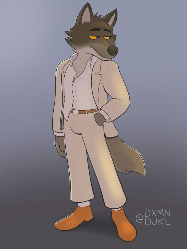 Mr.Wolf from Dreamworks' The Bad Guys standing in a snazzy pose >:] Wearing his white suit and looking off into the distance
