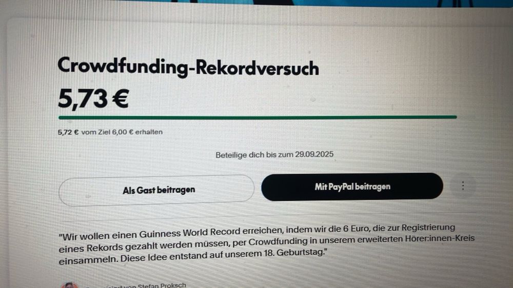 Screenshot Crowdfunding Rekordversuch
Der Stand war gestern Abend bei 5,73€