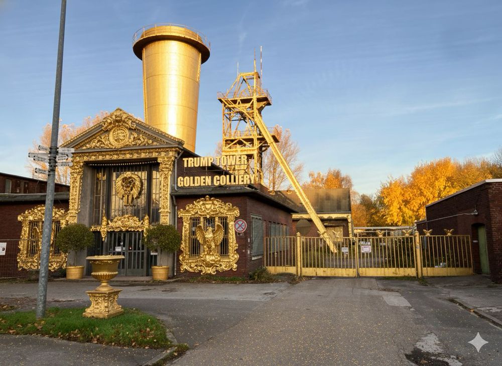 Die Zeche General Blumenthal Schacht 7, das ursprüngliche Foto wurde mittels AI bearbeitet: Das Gebäude hat ein goldenes Portal im römischen Stil, das Fördergerüst und der Grubenlüfter sind vergoldet. Die Fenster haben eine goldene Einfassung mit vergoldeten Alderskulpturen, auf einer kleinen Rasenfläche steht ein goldener Blumenkübel neben einem grauen Laternenpfahl. Das Zufahrtstor ist ebenfalls vergoldet und mit 6 Adlern geschmückt.
