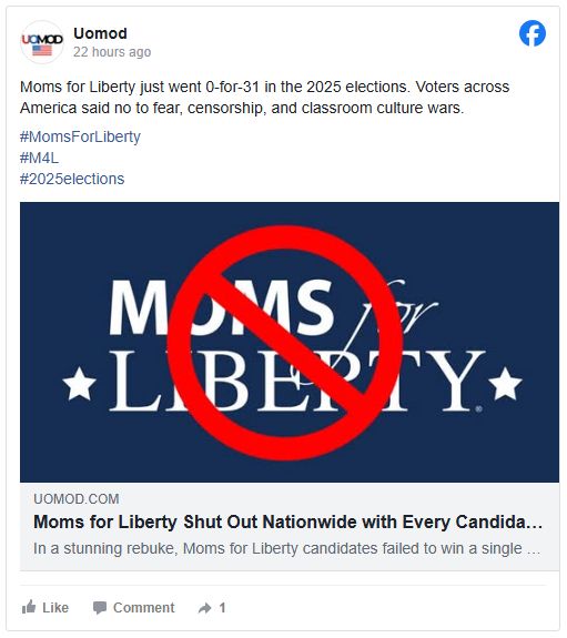 FB post announcing Moms for Liberty lost all their 31 contested seats in the Nov 2025 elections nationwide.  
