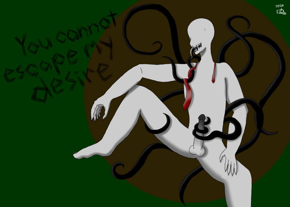 Slenderman sitting with his legs apart to proudly show off his dick, his many tentacles hovering around him. One holds a red tie away from his neck, another coiling around his dick, and a third holding his leg up. He has his right arm propped up on a bent knee and the other letting his left hand rest on his thigh. His mouth is open, showing off sharp teeth and a very long tongue. There is a caption near the top left corner saying “You cannot escape my desire”