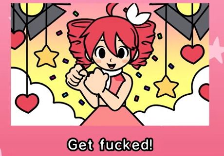 Teto in the bright cartoony style of rhythm heaven saying "get fucked!"