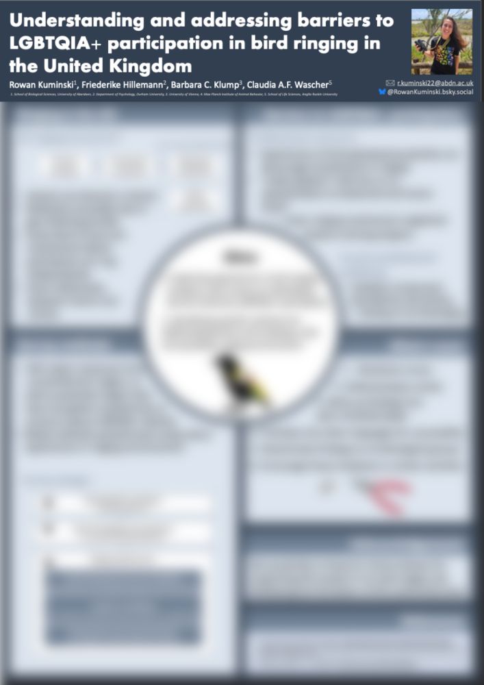 Scientific poster that has been mostly blurred, but the background is dark blue and the title says "Understandang and addressing barriers to LGBTQIA+ participation in bird ringing in the United Kingdom", with a picture of the lead author (person with long brown hair, holding binoculars and wearing a black shirt that says "Nature is Queer" in rainbow letters