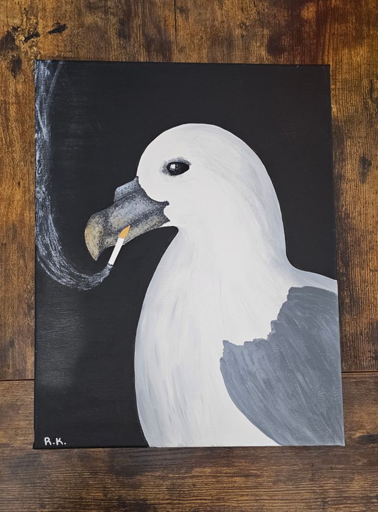 A picture of a painting on a canvas; it is of a fulmar seabird smoking a cigarette on a solid black background