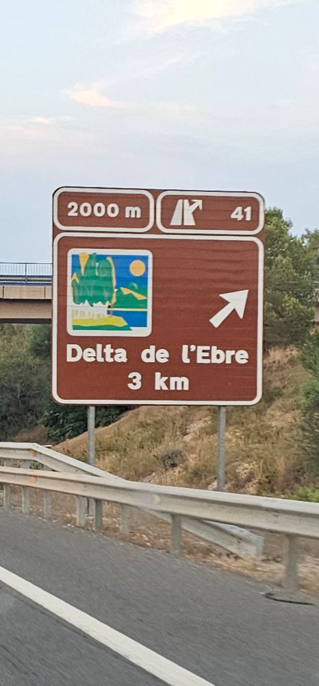 A photo of a road sign, which is brown and the main section has a green, white, blue, and yellow depiction of the Ebro Delta, with white letters underneath saying "Delta de l'Ebre" and "3 km" with an arrow pointing to the right. The top of the sign has two smaller sections that say the distance (2000m) and the highway route number (41)
