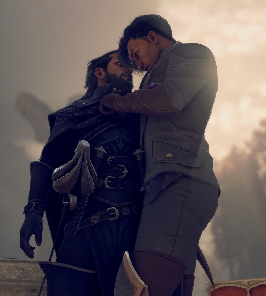 lucanis from dragon age the veilguard standing intimately/impossibly close to a romanced Rook, Evariste Mercar.