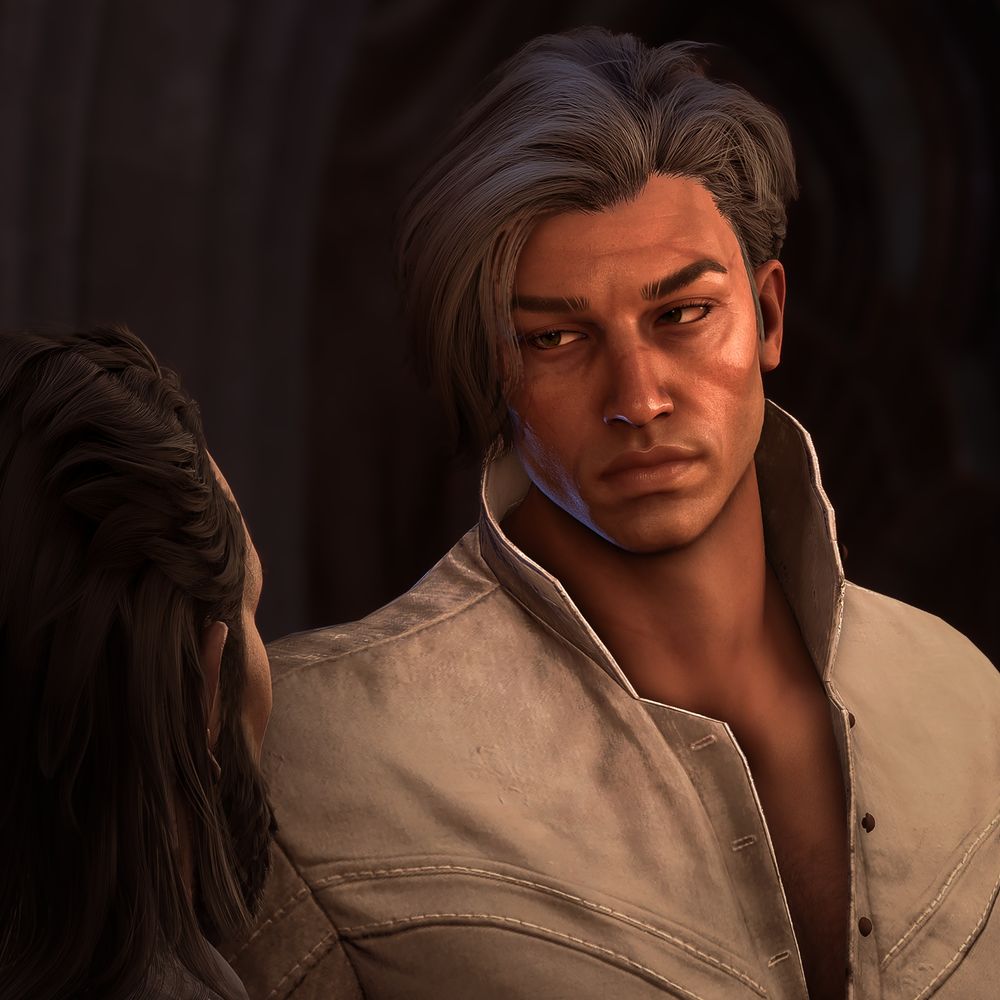 close up of Evariste, a chiseled mid 40s character with gray floppy hair, battle scars, and green eyes. he's looking doubtfully down at Lucanis.