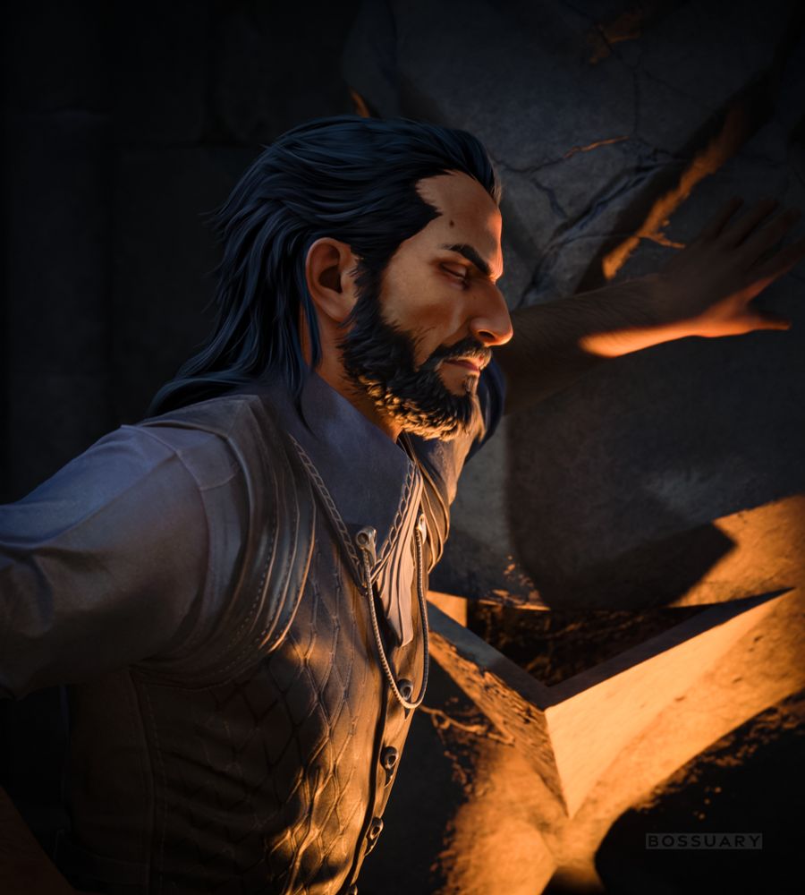 Freshly rescued from a year of torture, Lucanis is processing the death of his abusive grandmother (one of only two family he has left) as well as his nightmarish trauma while a group of polite strangers discuss the merits of trying to kill his demon (pretty good chance it kills him too). And internally, that demon is clawing the walls of his mind trying to take control...mostly so it can chew the scenery. He's doing all that while standing calmly in front of a fire, eyes closed tight.