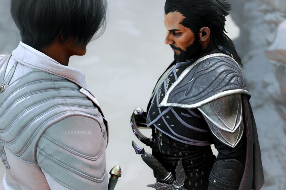 close-up of Evariste and Lucanis standing face to face. In contrast with each other, and set against the icy background, Evariste (6'6") wears white leather, and Lucanis (5'5") wears black leather in the style of a matador. His armor, along with his extreme posture, accentuates his narrow shape (or, 'slutty waist'). The close up allows for comparing that waist with size of Evariste's upper arm.