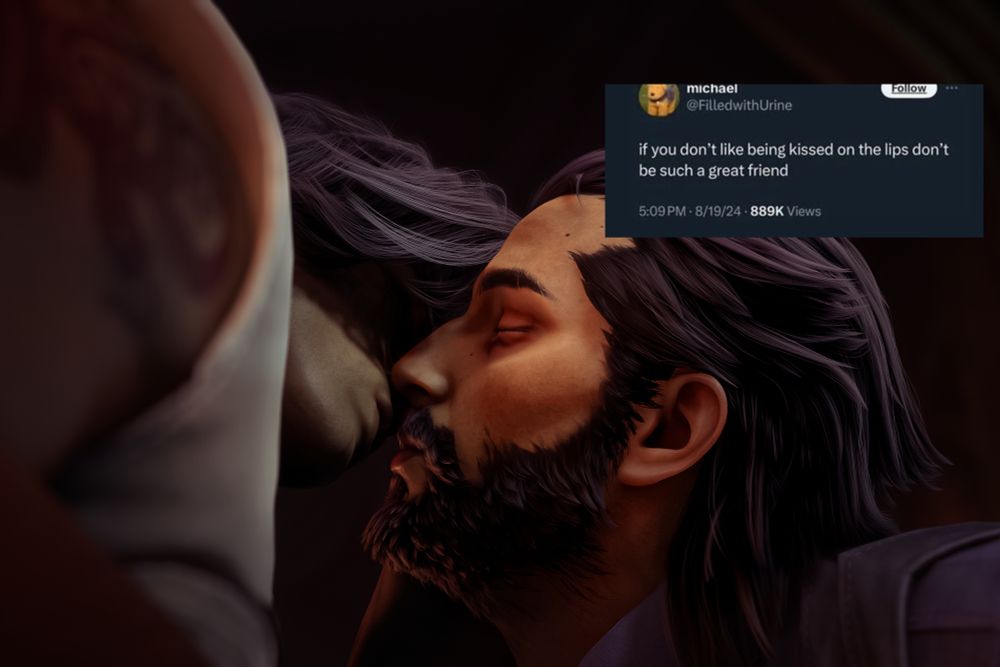 a sensual close up of Lucanis kissing Evariste. Text reads: If you don't like being kissed on the lips don't be such a good friend.