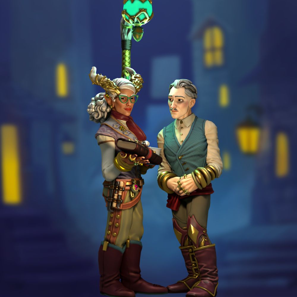 A 3D rendering of Emmrich Volkarin from Dragon Age The Veilguard standing with the player character, Rook, who is older than him, and taller. They stand beneath an ornate lamp as Alba shows Emmrich a book she discovered. Emmrich looks adoringly at her face, though, rather than at the book. Alba wears casual Mourn Watch attire, and is holding a cup of coffee.