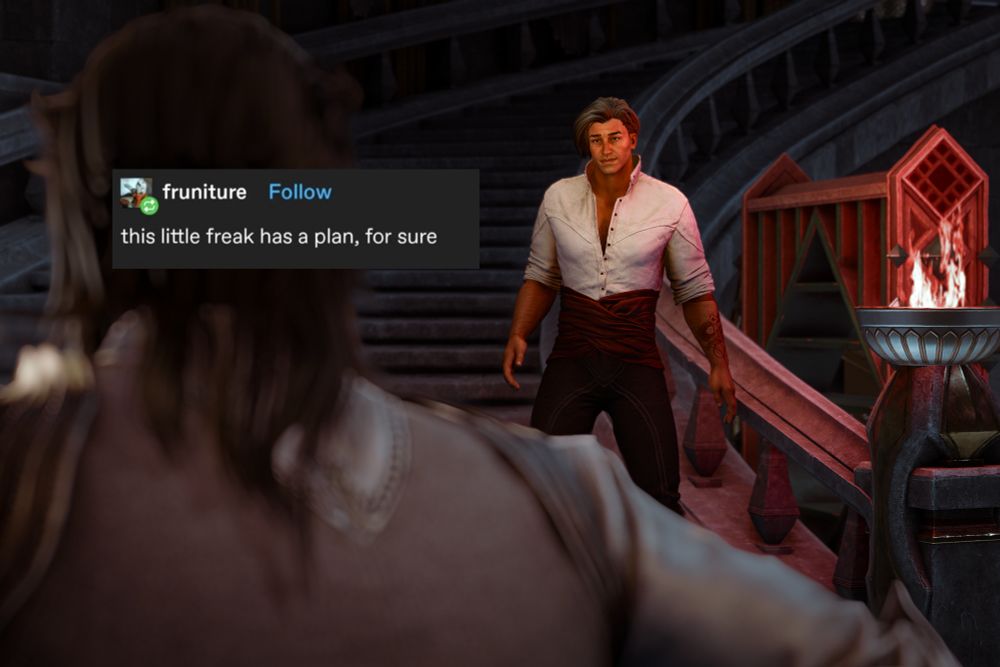 "this little freak has a plan, for sure" (affectionate) Evariste, looking dapper in a crisp white shirt, maroon sash, and dark trousers, descends the library stairs. He wears a bemused and expectant expression as he looks at Lucanis, who dominates the foreground with his back to the camera.