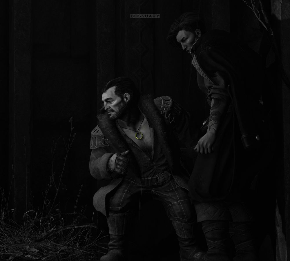 The real Varric crouches in the shadows beside Rook, ready to take action, in this black and white screenshot. The center of the image is the leather necklace with its gold ring, framed by Varric's open shirt and splayed coat collar. The ring is bright gold, the only color in the picture.