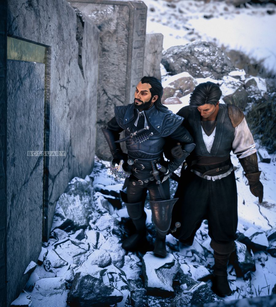 A shot of Lucanis and Evariste as they climb together beside the fallen pillar. Lucanis looks at the carved stone, hands on his hips, as if he's assessing a piece of real estate. Meanwhile, Evariste has an arm through the crook for Lucanis's, and is watching his own footing on the snowy rocks.