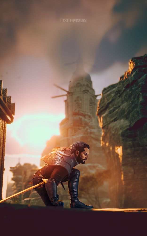 His black armor and rapiers limned by low, golden sunlight, Lucanis leaps up onto some old, ruined bridgework in a high canyon. Behind him in the distance stands an old tower with huge griffon perch-beams jutting from its parapets.