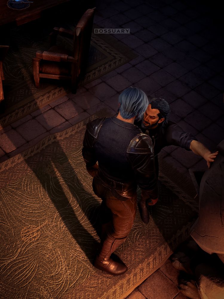 An extremely high angle shot of Lucanis leaning beside the fireplace while Evariste...leans into him. The firelight casts a long shadow from Evariste, who towers over a smirking Lucanis.