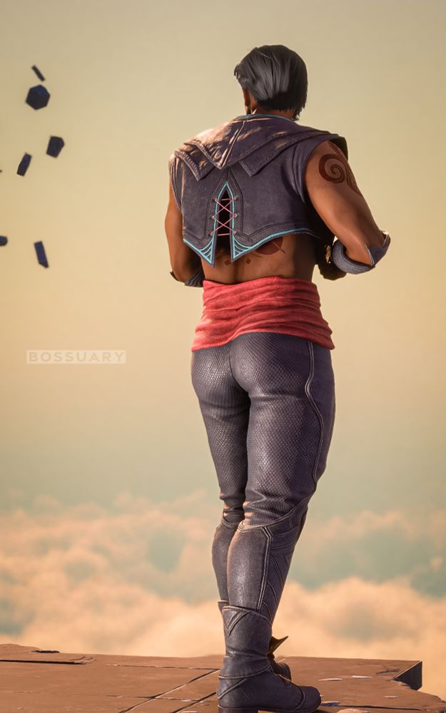 A rear shot of Evariste in a revealing, tight-fitting modded outfit. The pants are a gray reptile skin, very tight, with a red sash wrapped around his waist. The top is an open, bolero-style sleeveless jacket, in a matching gray, with aqua colored contrast piping along the sharp hemline. The vest/jacket seems to barely fit him. He wears no shirt underneath, so the scars and tattoos across his hab and arms are visible. The jacket has a lace-up detail at the back, showing a criss-cross of red thread. But the real feature here is Evariste's magnificent ass.  