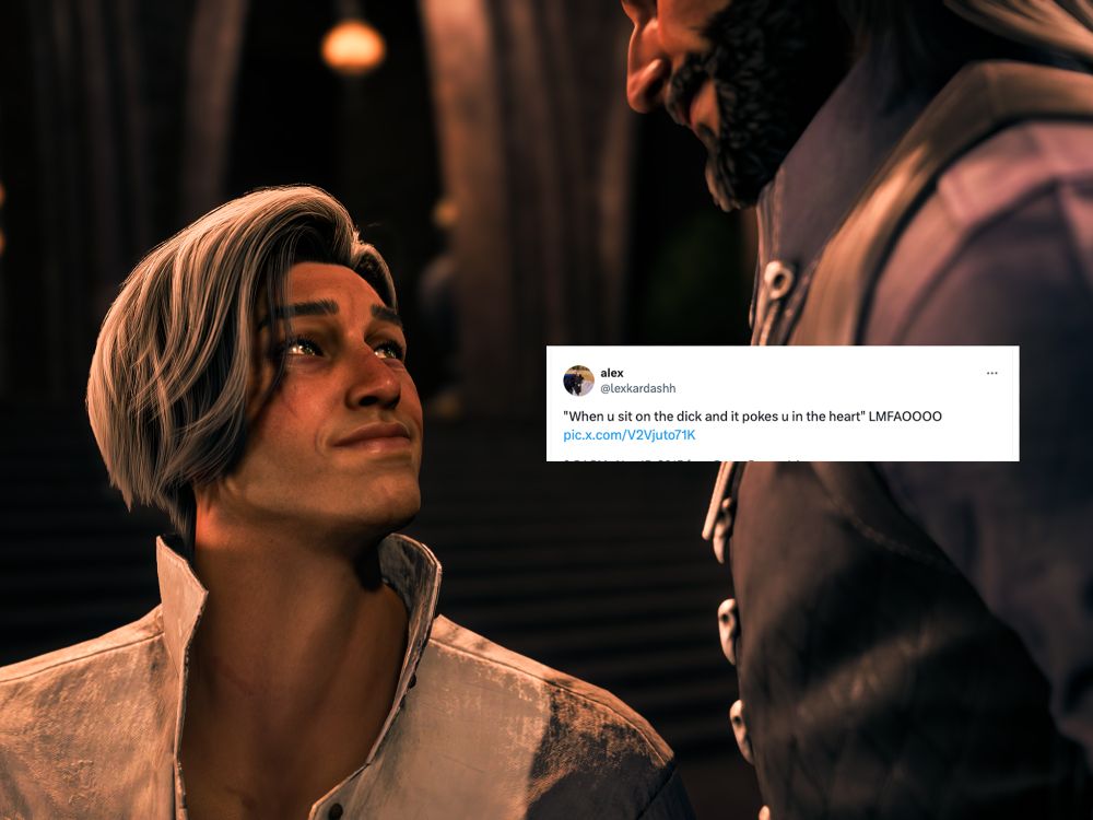 "When u sit on the dick and it pokes you in the heart lmfaoooo" Close up of Evariste gazing lovingly up at Lucanis, standing beside him at Cafe Pietra.