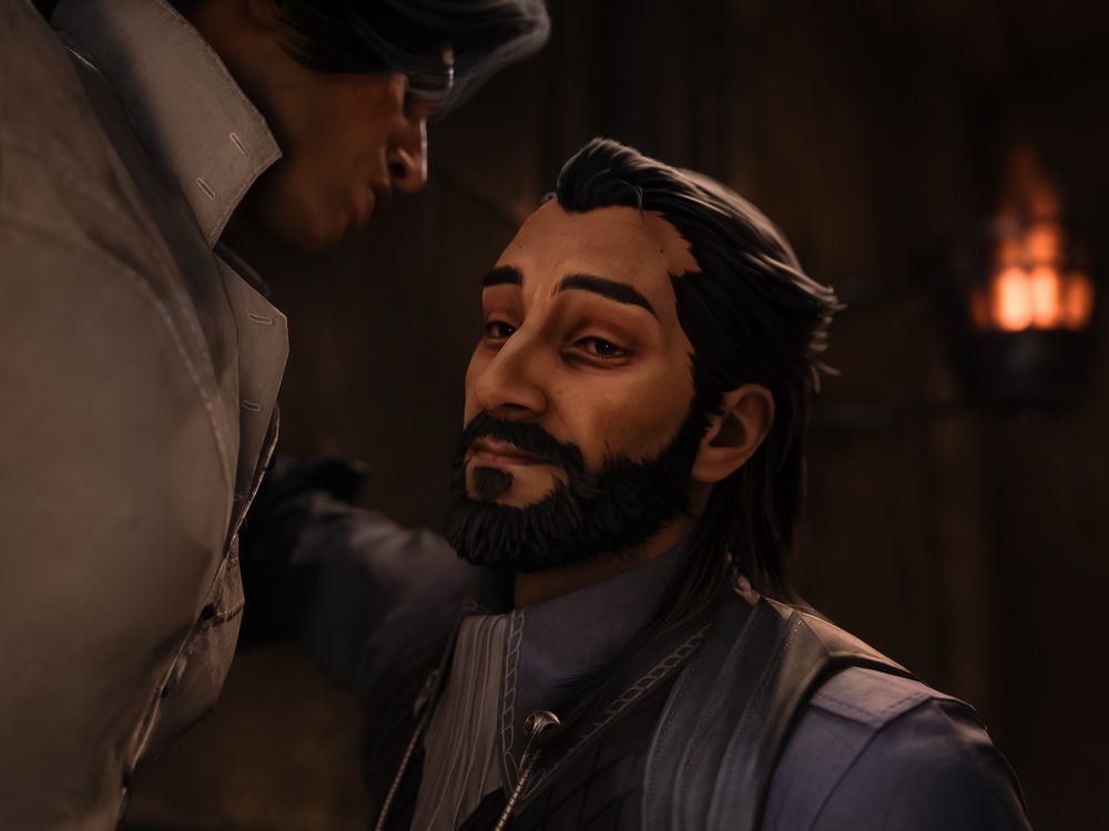 close up of lucanis dellamorte pulling away from evariste rather than kiss him. his expression is surprised and regretful, as if he's not sure why he made such a bold move on evariste and conflicted about why he couldn't go through with it. part of the frame includes evariste, still puckered up for the kiss he's not getting.