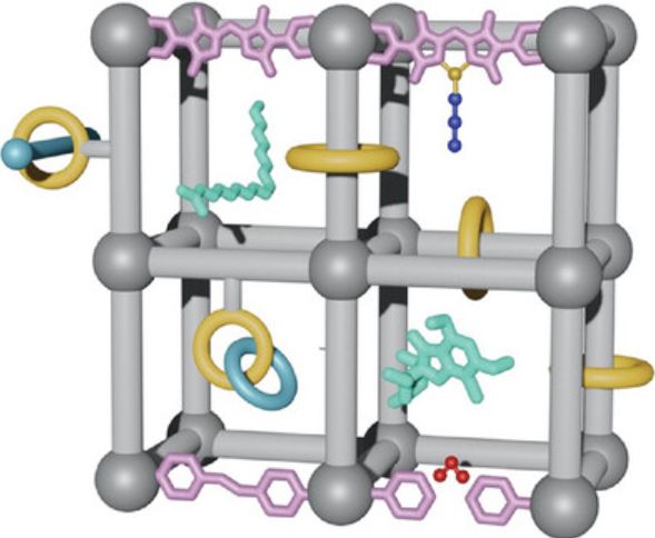 Cartoon representation of a MOF showing various supramolecular interactions and components, including linker-bound metals and catenanes. 