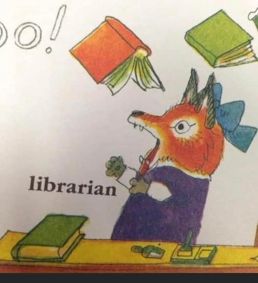 Illustration of a fox behind a desk with flying books, text says 'librarian'