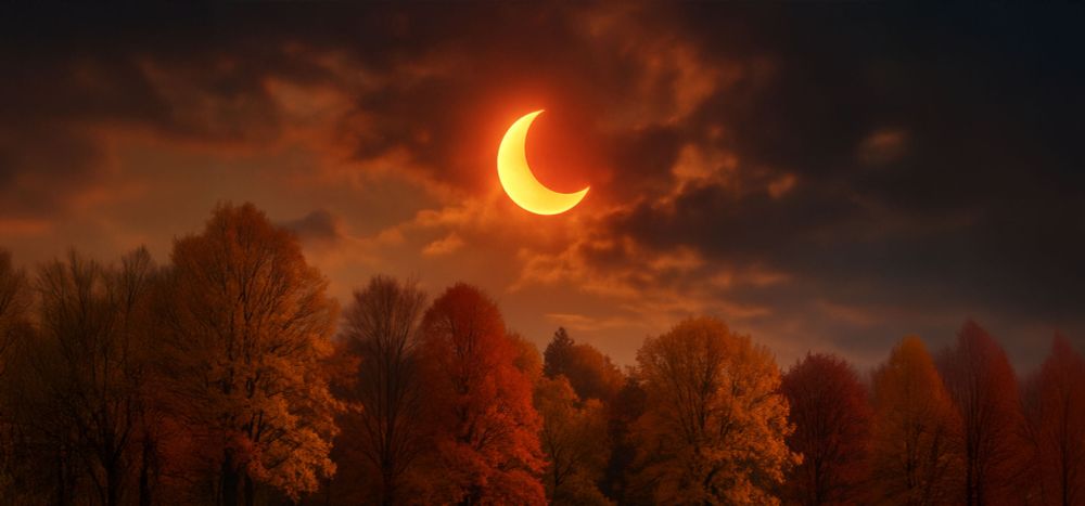 A red crescent moon over autumn trees
