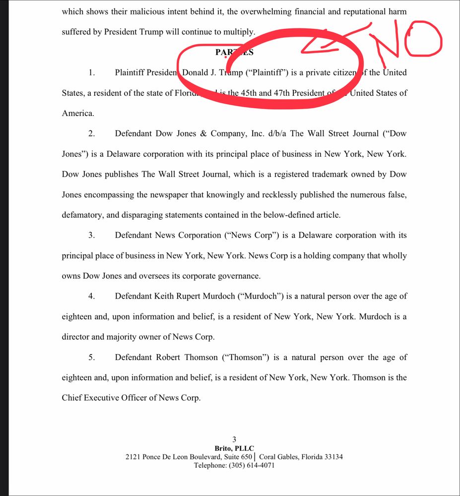 The 2nd page of trump’s lawsuit, linked, where the parties are described as “Donald J Trump, a private citizen” which is circled in red with a red arrow & No pointing to that 