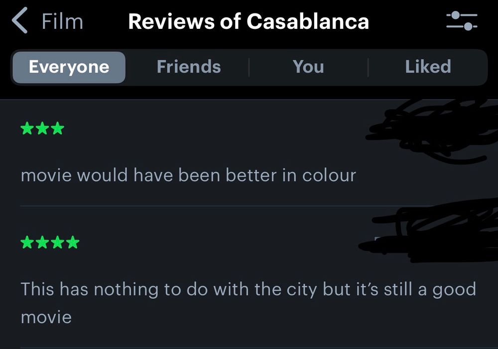 Two reviews of Casablanca from Letterboxd 
3 stars: movie would have been better in color
4 stars: This has nothing to do with the city but it’s still a good movie 