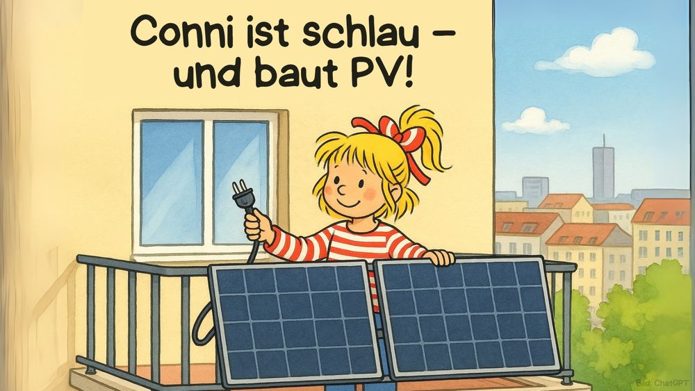 Conni steht auf einem Balkon vor einem Wohnhaus, hält ein Solarpanel und einen Stecker in der Hand. Sie lächelt stolz. Über ihr steht der Text: „Conni ist schlau – und baut PV!“ Im Hintergrund sind Dächer und ein blauer Himmel zu sehen. Illustration im Kinderbuchstil.