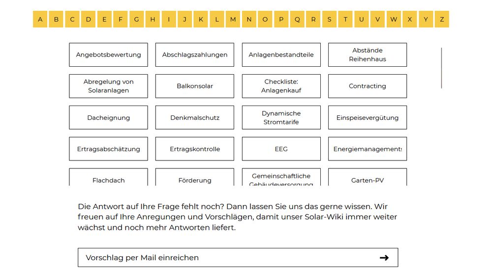 Screenshot eines Tweets mit dem Hinweis auf das SolarWiki des SFV. Zu sehen ist eine Website-Vorschau mit einem alphabetisch sortierten Themenverzeichnis zu Photovoltaik und Energiewende. Themen sind unter anderem: EEG, Förderung, Rechtshilfe, Gemeinschaftliche Gebäudever­sorgung und mehr. Oben ein gelbes Buchstabenmenü, unten ein Button „Vorschlag per Mail einreichen“.