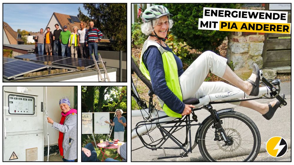 Collage mit vier Bildern zur Energiewende-Initiative von Pia. Oben links: Eine Gruppe von Menschen steht auf einem Dach neben Solarpanels. Oben rechts: Pia sitzt lächelnd auf einem Liegerad, trägt Fahrradhelm und eine grüne Weste, daneben der Schriftzug „Energiewende mit Pia Anderer“. Unten links: Pia bedient einen Schaltschrank. Unten rechts: Pia sitzt an einem Gartentisch mit einer weiteren Person, beide wirken im Gespräch vertieft.
