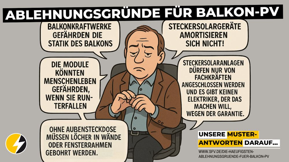 Vermieter sitzt nachdenklich auf Stuhl, umgeben von Sprechblasen mit typischen Ablehnungen gegen Balkon-PV: Gefahr für Statik, Sicherheitsrisiken, kein Elektriker, keine Amortisation, bauliche Hürden.