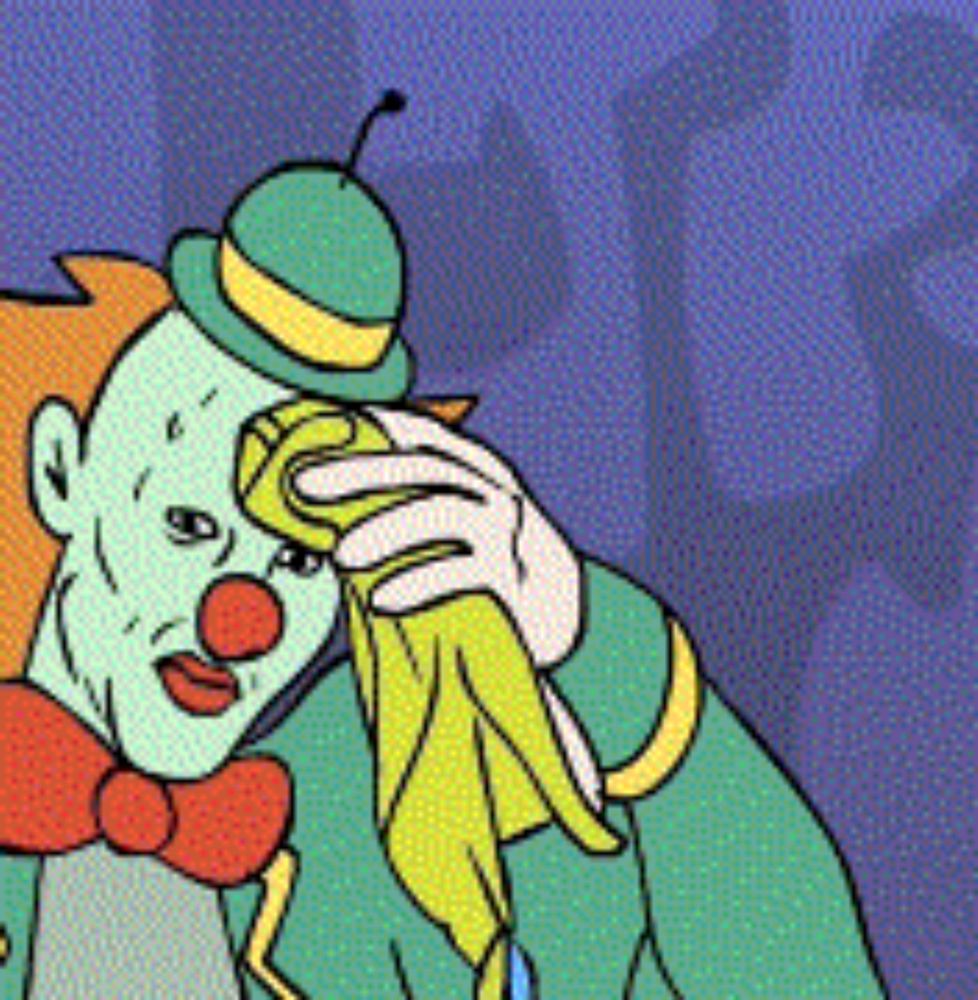 a cartoon drawing of a clown holding a banana in his hand