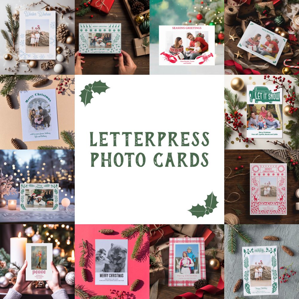 Promotional graphic showing photos of 12 different photo holiday cards with the text LETTERPRESS PHOTO CARDS in the center.