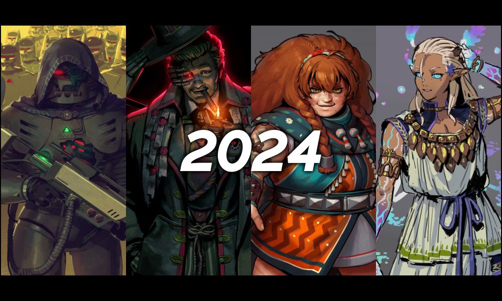 Collage of four illustrations aligned in a row, showcasing characters from the torso up.