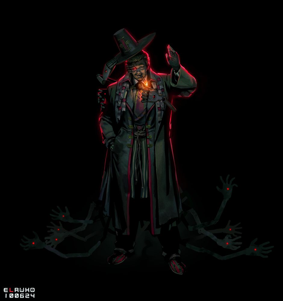 The illustration depicts the character covered in layers of ragged coats, greeting the viewer in a welcoming, ominous fashion. His stature as a Ordo Hereticus is denoted by his hat and inner attire.
He lights his cigar and tips his hat... yet both his hands were already occupied.
As you notice the lurking mechanical hand appendages, they notice you too.