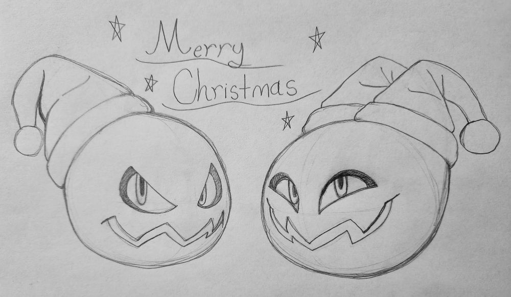The blorbo brothers, Cerulean & Crimson, wishing you a Merry Christmas. They're both wearing Santa hats. They got no limbs because I didn't feel like drawing them but don't tell anybody.