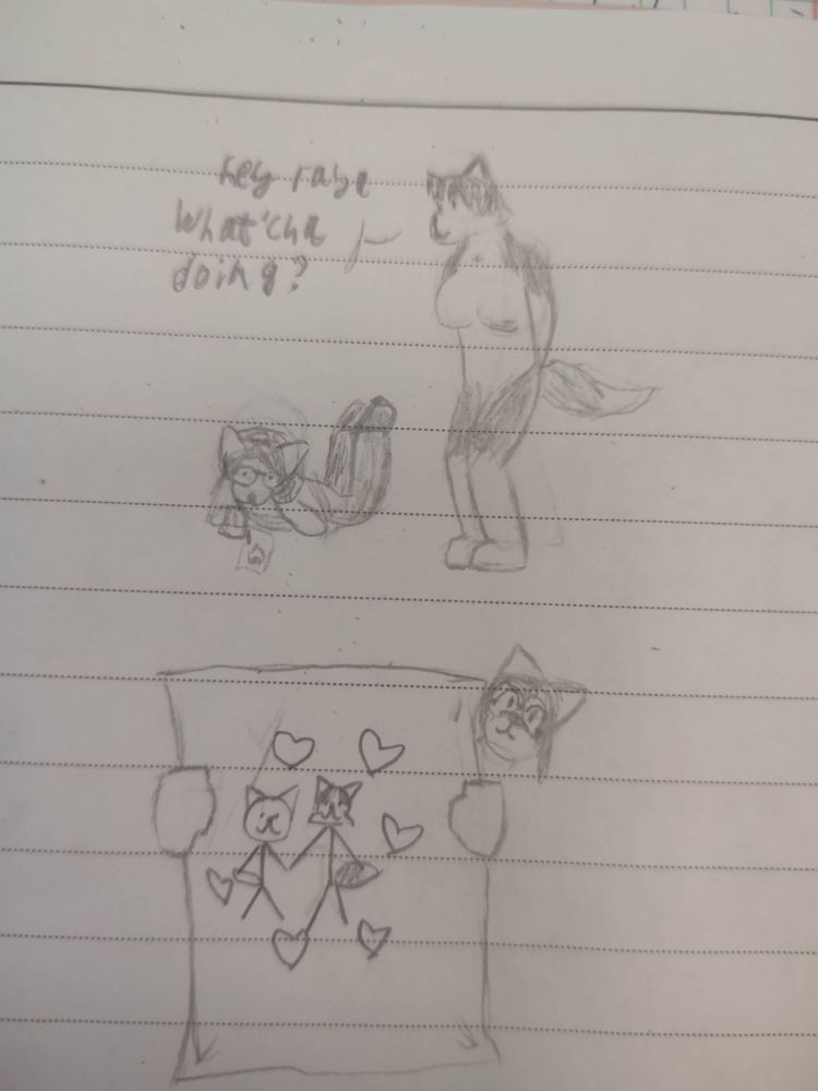 a cartoon of raya drawing on the floor, her wife is asking "hey raya, whatcha doing?"
raya holding up a piece of paper with a doodle of raya and her wife with hearts around them 