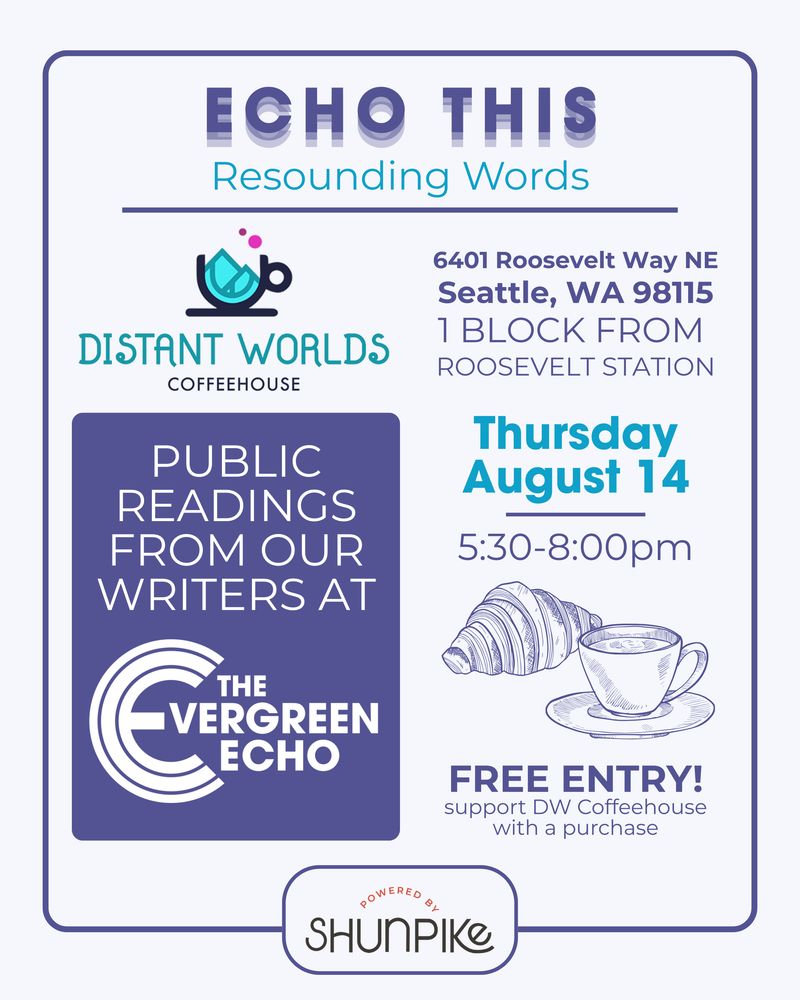 Event Flyer for Public Reading on 8/14 at Distant Worlds Coffeehouse