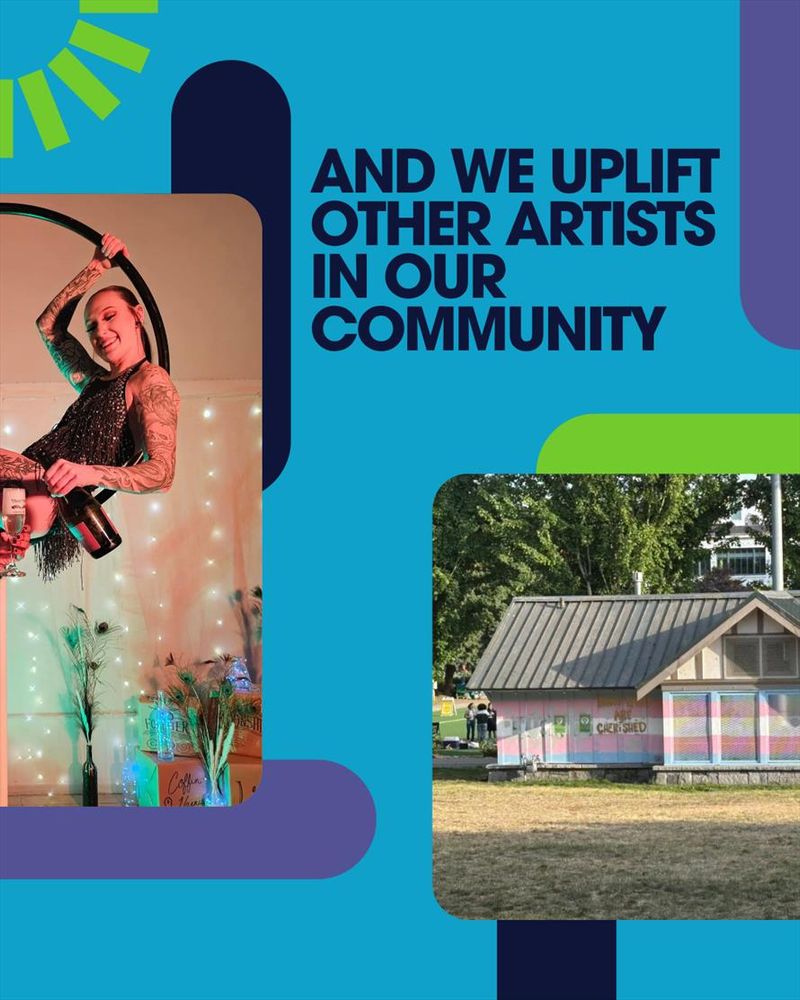 And we uplift other artists in our community

Pictures of an aerialist in a standing hoop and bathrooms in Cal Anderson Park painted with the trans flag