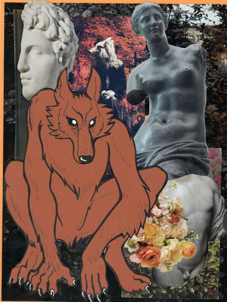 a drawn crouching werewolf made with ink on orange paper, collaged over imagery of plants, flowers, marble statues, and a background image of a person in a long coat and a werewolf mask. The sculptures are nude but I'm not flagging these because it's literally classic art, grow up.